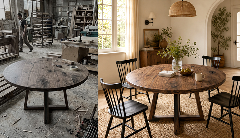 Round wooden dining table in a woodworking shop (left) and the delivered dining-room scene (right)